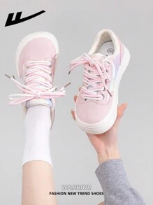WARRIOR 1 Pair Women's Lace-Up White Thick Sole Skate Shoes, Low-Top Casual Outdoor Flat Sneakers, Breathable Summer Canvas Shoes, Versatile Lightweight Skateboard Inspired Fashion Comfortable Athletic Sneakers - White/Pink - View 7