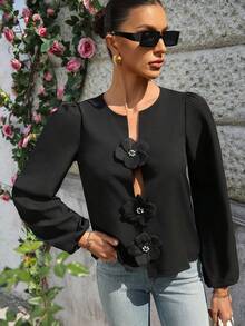 Women's Solid Color Elegant Blouse Top With 3D Floral Patchwork Design - Black - View 6