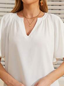 Chiffon Top, Half Sleeve Chiffon Top, Ruffle Sleeve Chiffon Top, Butterfly Sleeve Blouse, Batwing Sleeve Notch Neck Print Blouse, V Neck Half Sleeve Plain Shirt - 白色 - 查看 2