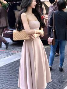 Romantic Pink Square Neck Elegant A-Line Sleeveless Midi Spring Summer Graduation Dress - Baby Pink - View 2