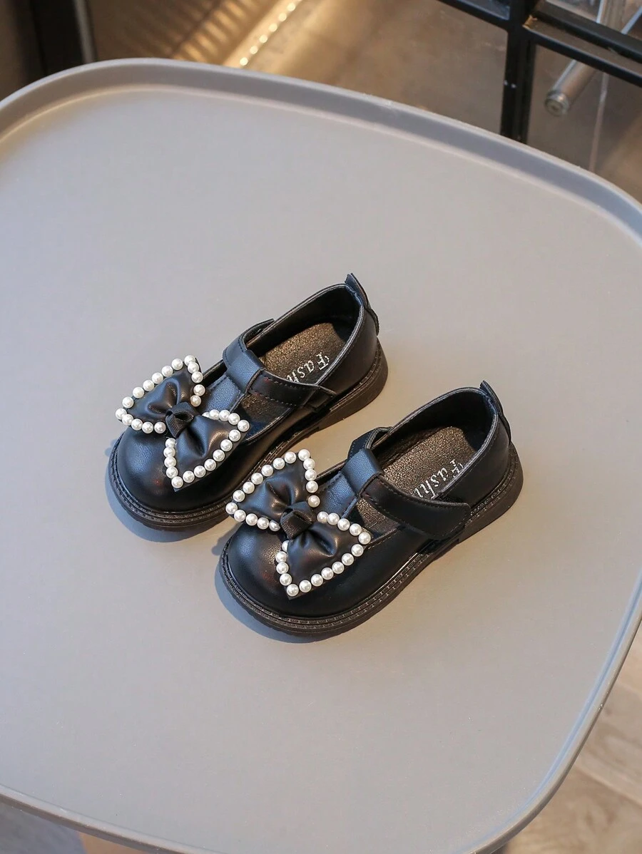 1 paio di ballerine in finta pelle con fiocco e decorazione in perle per ragazze, scarpe casual graziose da indossare all aperto, adatte per la primavera/estate - nero - Visualizzare 1