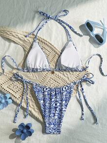 2025 Nowość Kobiety Seksowny Kwiatowy Nadruk Halter Szyja Wiązany Bikini 2 Części Zestaw, Odzież Plażowa, Na Letnie Wakacje