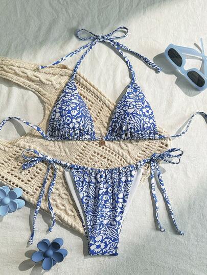 2025 Nowość Kobiety Seksowny Kwiatowy Nadruk Halter Szyja Wiązany Bikini 2 Części Zestaw, Odzież Plażowa, Na Letnie Wakacje