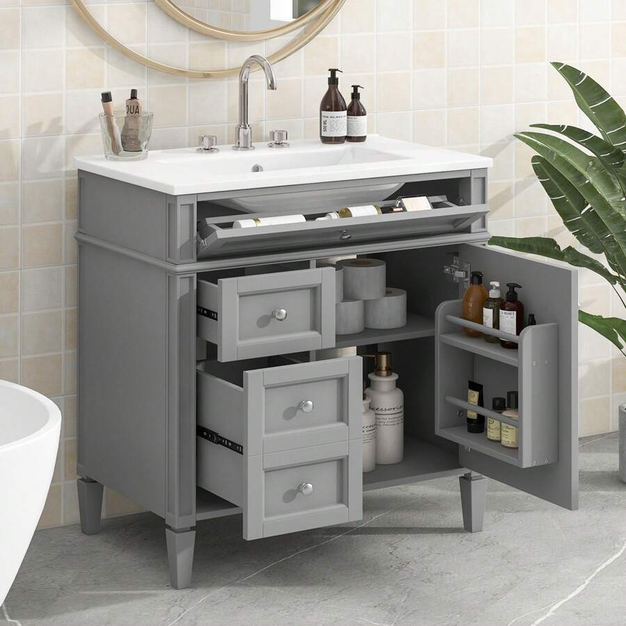 MERAX 30'' Bathroom Vanity With Top Sink, Modern Bathroom Storage Cabinet With 2 Drawers And A Tip-Out Drawer, Single Sink Bathroom Vanity - Xám - Xem 1