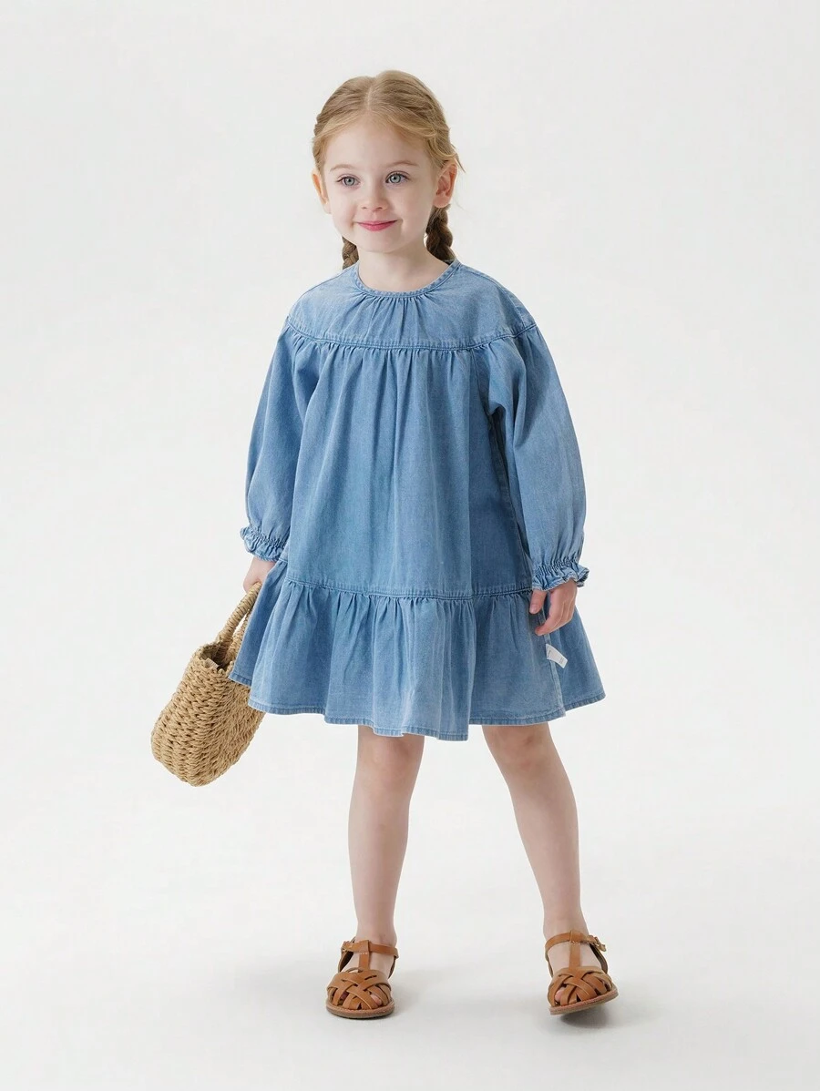 MARC&JANIE 年轻女孩宝宝甜美复古花卉荷叶边袖牛仔连衣裙，春季