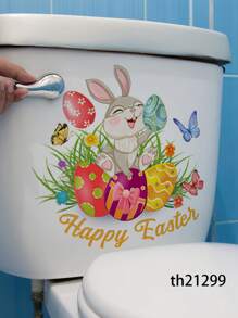 1PC Easter Bunny & Eggs Printed Toilet Sticker, For Home Decoration & Easter Bunny Bathroom Stickers - Waterproof PVC, Spring Butterfly Wall Decal, Vinyl Decal For Home Decorations, Spring Butterfly Element Wall Stickers Decoration Items Refresh Your Home, Rama Decoration Stickers - 11.81*11.81in/11.61*11.61in