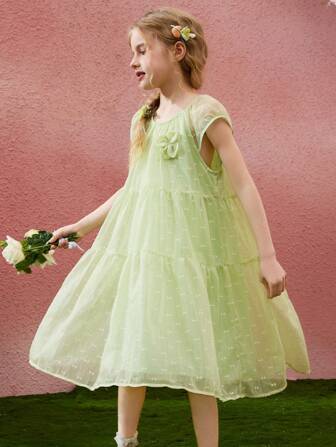 ASK JUNIOR Tween 女童花卉 3D 装饰度假风格网眼 A 字形连衣裙