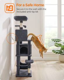 Feandrea Cat Tree, 61-Inch Cat Tower For Indoor Cats, Plush Multi-Level Cat Condo With 5 Scratching Posts, 2 Perches, 2 Caves, Hammock, 2 Pompoms - Grey - View 7