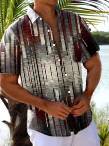 Retro Geometric Gradient 3D Print Men's Button Pocket Short Sleeve Shirt - Multicolor - View 1