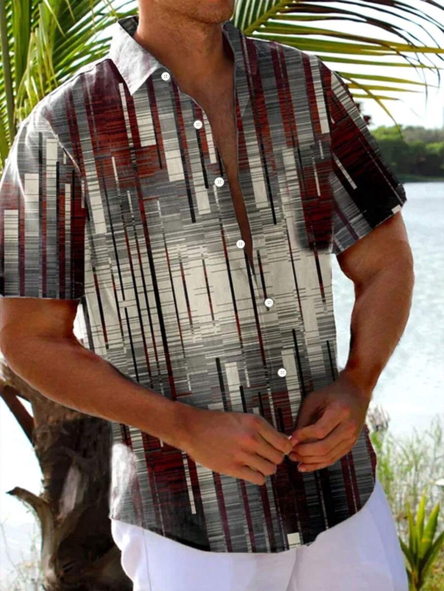 Retro Geometric Gradient 3D Print Men's Button Pocket Short Sleeve Shirt - Multicolor - View 1