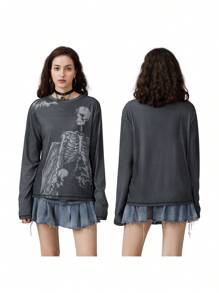 Camisetas con estampado de calavera estilo Y2K para mujeres, blusas holgadas de manga larga de cuello redondo con estilo gótico, grungy y de hada, ropa de streetwear de los 90 para chicas e-girl y emo, prendas de otoño y primavera - Negro - Ver 3