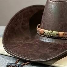 Mens PU Leather Western Hats Solic Color Retro Cowboy Hat With Chin Strap For Spring Fall - Brown - View 3