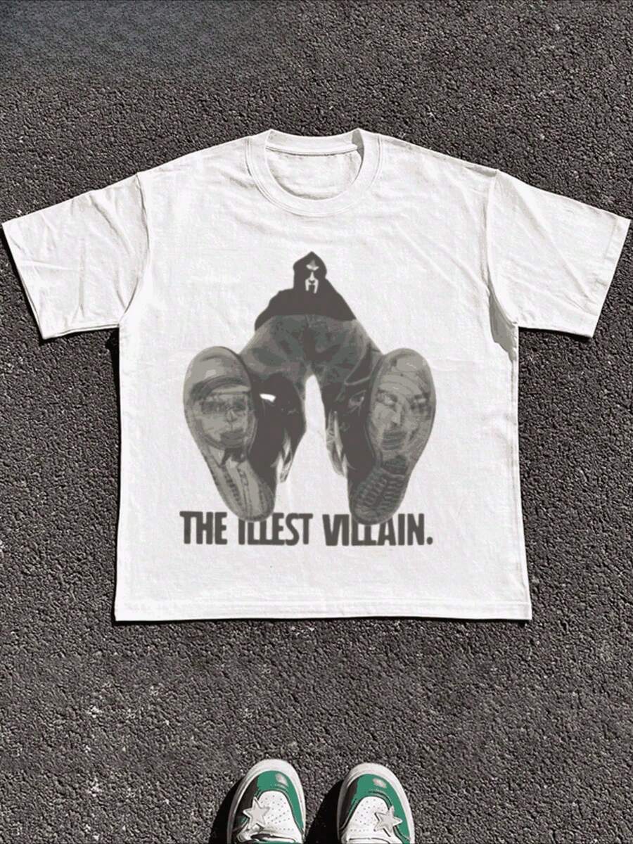 Size Plus  1 Pcs 100% Cotton The Illest Villain Rap Tee Graphic Print T Shirt Tops TEE 220g Heavy Cotton T Shirt - White - View 1