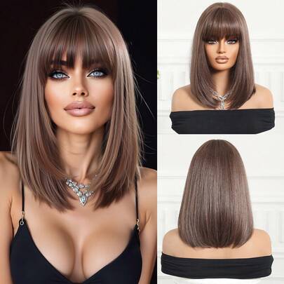 14英寸短款波浪假发，带刘海，层次分明，时尚合成纤维材质，浅灰紫色，舒适自然，适合度假、家庭聚会和日常佩戴。