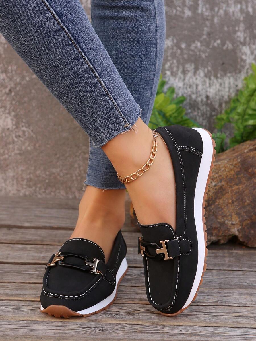 2025 New Casual Slip-On Loafers, Soft Bottom Comfortable Non-Slip Large Size Women Flat Shoes With Decorative Buckle, Versatile Style - Black - View 1