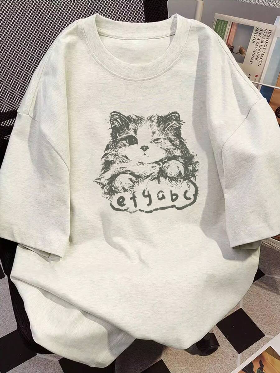 Japanese Style Women's Casual Loose Cute Cat Graphic Short Sleeve T-Shirt, Spring/Summer