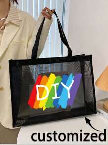 1 pieza Bolsa de malla personalizada con su propio diseño, diseño personalizado (nombre, logotipo, texto) plegable de gran capacidad, ligera, elegante, bolsa de hombro personalizada, bolsa de compras casual, bolsa de regalo personalizada para boda, cumpleaños, playa, vacaciones, para uso personal o regalo para amigos, mamá, maestros, bolsa de gran capacidad para mujeres