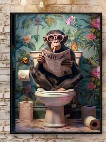 1pc, Canvas Hanging Picture, Framed Decorative Painting, Poster, Wall Art, Animals, Charming Monkey Reading Newspaper On Toilet - Canvas Wall Painting, Perfect For Modern Living Room, Bedroom, Bathroom Decoration And Gift, Art Deco Style, Modern Style, Minimalist Style, Animal Theme, Autumn, Spring Gifts Birthday Graduation