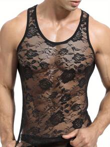 Men's Sheer Mesh Tank Tops Lace Sleeveless Round Neck Slim Vest Undershirt Streetwear - 黑色 - 查看 1