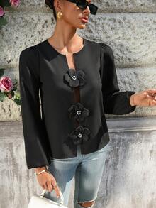 Women's Solid Color Elegant Blouse Top With 3D Floral Patchwork Design - Black - View 4