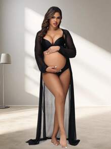 Irresista Maternity Lantern Sleeve Mesh Robe Photography See-Through Gown Maxi Dress For Photoshoot - White - View 5