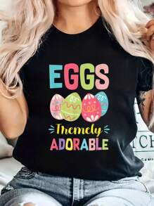 100% Cotton Eggs-Tremely Adorable - Cute Easter Eggs T-Shirt Printed Cotton Women's T-Shirt, Women's Clothing, Short-Sleeved Round Neck Casual Tops For Spring And Summer