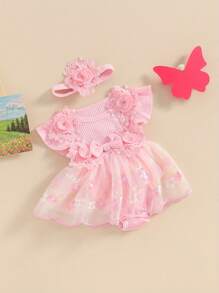 Newborn Baby Girl 1st Birthday Outfit Floral Lace Tulle Romper Tutu Dress Cake Smash Princess Boho Clothes Photo Shoot - 粉色 - 查看 3