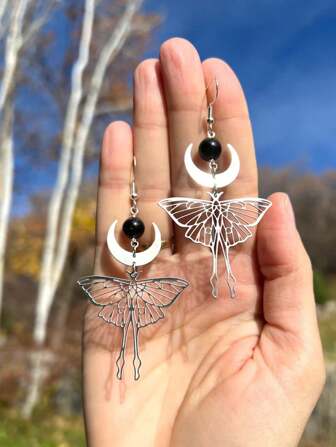 2pcs Bohemian Fashion Copper Natural Stone Silver Hollow Crescent Moon Butterfly Pendant Earrings, Party Gift & Daily Outfit Accessory