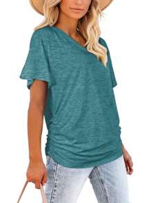 GEREARC Womens Basic Short Sleeve V Neck Tops With Side Shirring Loose Fit Shirts - 綠松石 - 查看 4