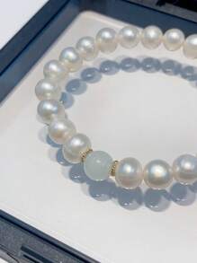 8-9 毫米近圆形淡水养殖珍珠手链，配玛瑙和玉珠，时尚百搭的女士珠宝 - 玉石珍珠手鍊 - 查看 4