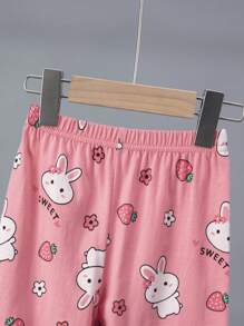 Set de 4 piezas de pijama de primavera/verano para niñas jóvenes con estampado de oso lindo y conejito de fresa en parte superior de manga larga y pantalón largo