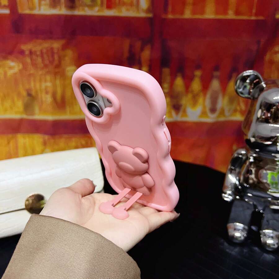 1个3D熊形隐形拉环手机壳，光滑油涂层，轻巧大波浪设计，兼容 16 Pro Max、Galaxy、Redmi、OPPO、、Moto、Spark Go 2024、Infinix等机型，奢华全包保护。