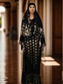 Bộ 2 áo choàng in họa tiết lá kim cho nữ và khăn trùm đầu, váy Abaya sang trọng của Ả Rập cổ tròn tay ngắn, lý tưởng cho Khimar, Kaftan, Caftan, thích hợp làm quà tặng, mọi mùa - Bộ lá cây nước - Xem 4