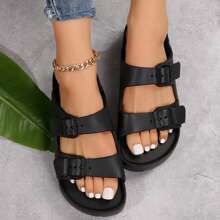 Women's Comfort  Stylish Solid Color Sandals Double Adjustable Buckle Bands Lightweight Beach Slides - Black - View 9