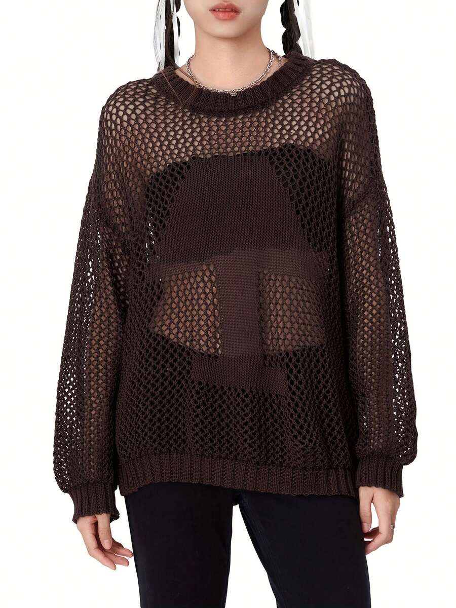 Women Hollow Out Crochet Knit Tops Solid Color Long Sleeve Round Neck Fall Sweaters - 咖啡色 - 查看 1