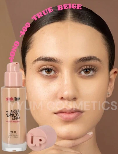 PINK UP, Easy Cover, Maquillaje Líquido, Cobertura media, Base de agua, Contiene Ácido Hialurónico para piel seca y pieles maduras