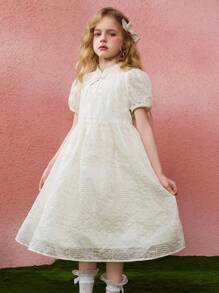 ASK JUNIOR Tween Girl Jacquard Short Puff Sleeve Cute Princess Dress - Beige - View 5