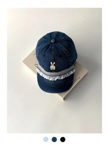 1顶蓝色软顶蕾丝边牛仔宽檐棒球帽，可爱女孩小脸型修饰脸型，超大帽檐百搭帽，新款可爱复古水洗户外加长帽檐帽，夏季沙滩 - 彩色 - 查看 4