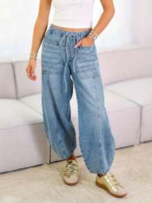 Women Jeans, Elastic Waist Tie-Up Solid Loose Trousers Streetwear With Pockets For Daily - Light Blue - View 5