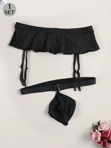 1 Set Men's Sexy Black Thong Brief And Garter Belt Undergarment - Black - View 3