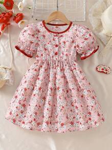 年轻女孩休闲时尚花朵印花泡泡袖圆领连衣裙