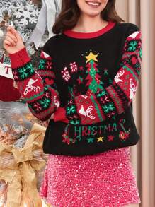 Women Christmas Sweater Long Sleeve Crew Neck Tree Letters Pullover Sweater Winter Sweater - Black - View 3