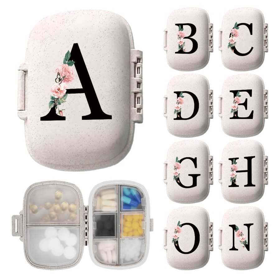 初次旅行用藥盒，8個格子的便攜式A-Z字母藥盒，每日藥丸盒可以容納維生素，口袋錢包藥物組織者小型藥丸容器，帶有字母標識的收納盒