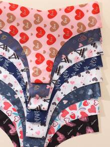 8pcs/Set Heart Printed Sexy Briefs For Women, Breathable Ice Silk Low-Waist Seamless Panties, V-Shape Waistband, Thin Thong