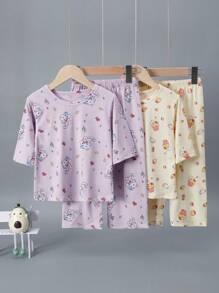 4pcs/Set Girls Lightweight 3/4 Sleeve Cartoon Print Pajama Set, Spring & Summer Top And 7/8 Pants Set