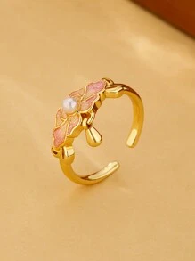 1pc Vintage Pink Peony Enamel Open Ring, Delicate Luxury Knuckle Ring, Best Gift For Girlfriend/Valentine's Day,Mom,Mother,Mother's Day,Gift