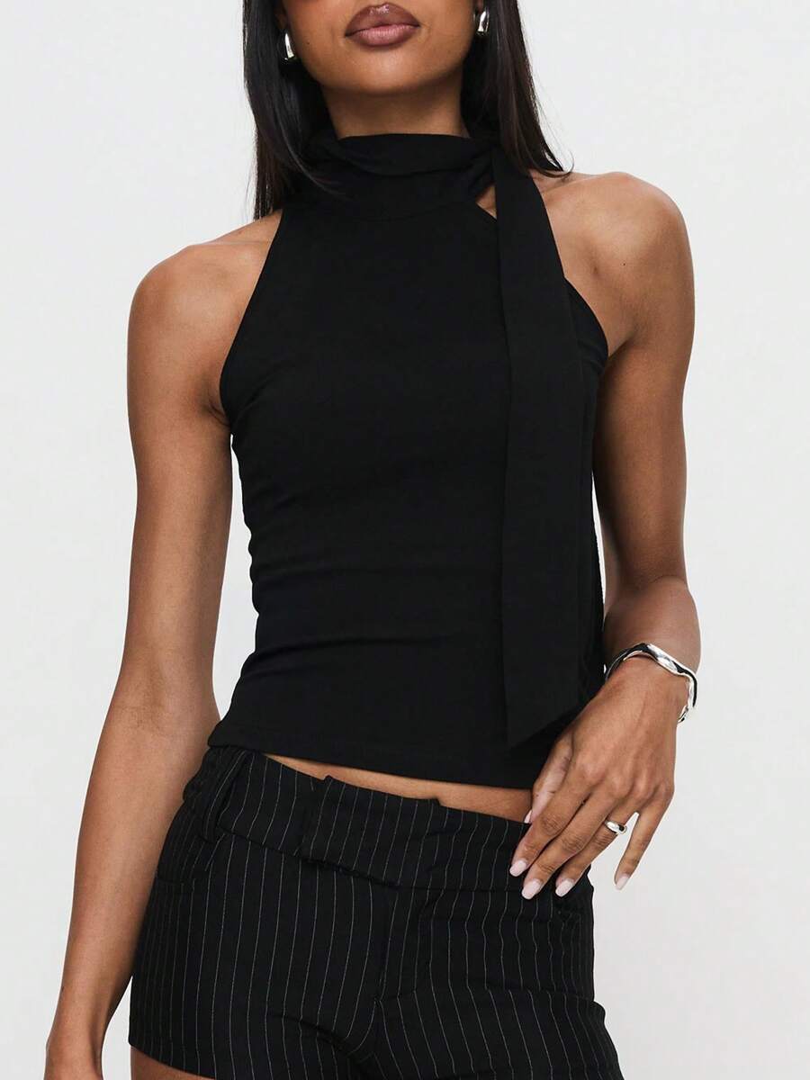 Women Y2K High Neck Tank Tops Sleeveless Slim Summer Shirts Going Out Mock Neck Bow Tie Cami Top With Scarf - Black - View 1