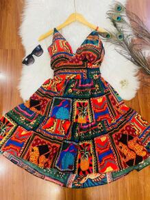 HONGDA VARIETIES New Dress At The Back With Elastane Ties And Adjustable String With Print Cold Harvest Material - Nhiều màu - Xem 1
