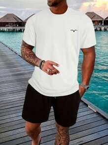 Kit 2 peças Conjunto Masculino Camiseta + Short tactel Praia Verão - Branco - Visão 1