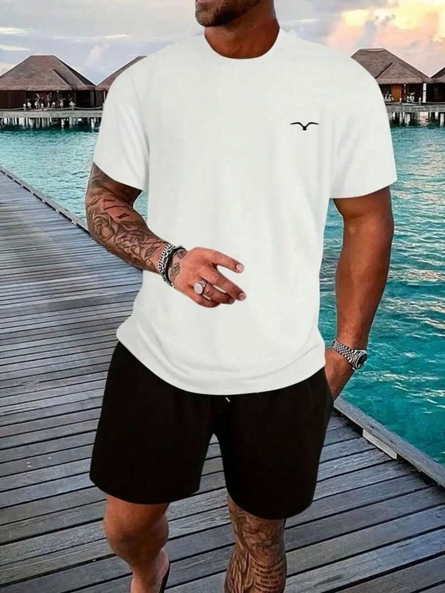 Kit 2 peças Conjunto Masculino Camiseta + Short tactel Praia Verão - Branco - Visão 1